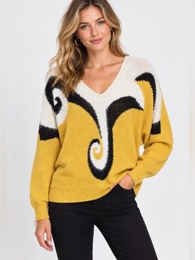 Vintage 80s Alexandria Artsy Funky Yellow Black Statement Sweater Angora Size L